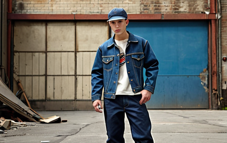 **

A young person wearing a Dickies workwear hat, styled with classic work pants and a denim jacket. The background should feature a gritty urban setting, emphasizing the hat's rugged and practical design with a vintage, industrial feel. The overall aesthetic is cool and individualistic.

**