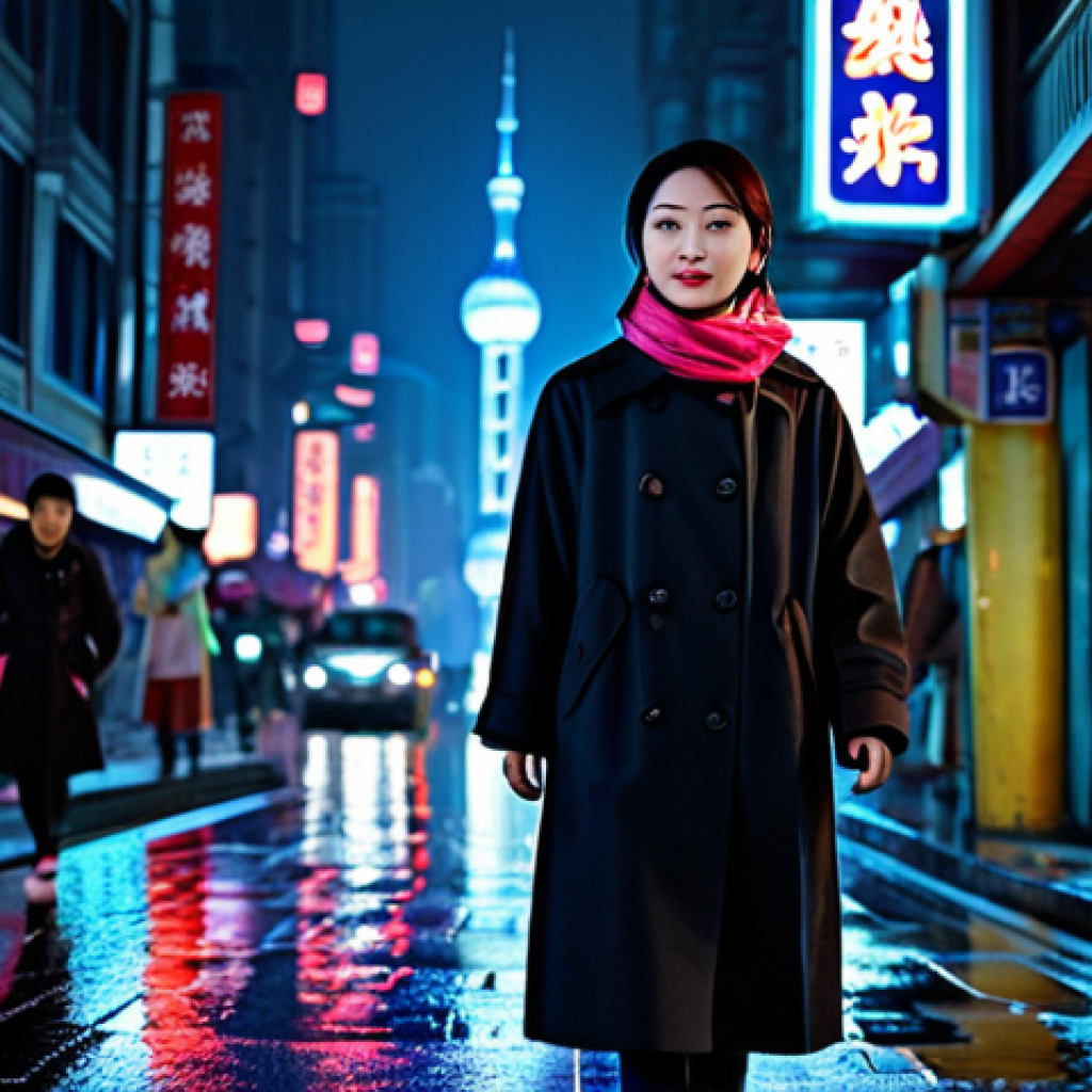 MLB 타이거스 로고 캡 리뷰 - A bustling Shanghai street scene at night, neon lights reflecting on wet pavement, featuring a moder...