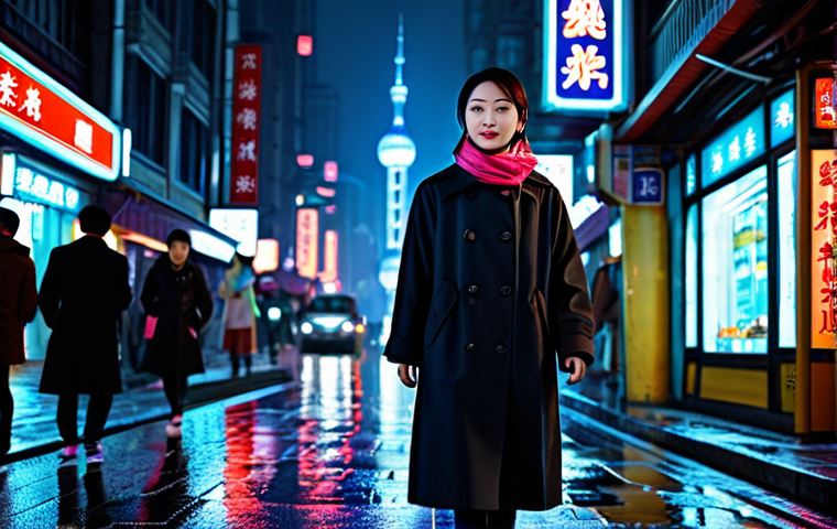 MLB 타이거스 로고 캡 리뷰 - A bustling Shanghai street scene at night, neon lights reflecting on wet pavement, featuring a moder...