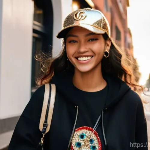 구찌 크리스탈 캡과 루이비통 다미에 캡 추천 - A confident young woman, aged 20, with a radiant smile, walking down a vibrant, sunlit urban street....