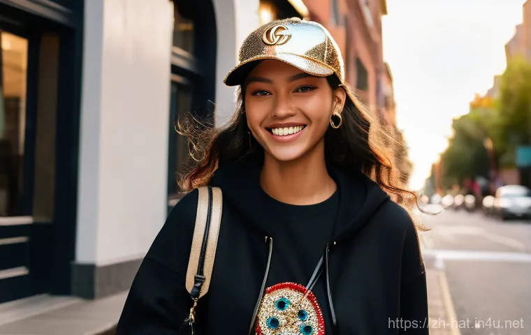 구찌 크리스탈 캡과 루이비통 다미에 캡 추천 - A confident young woman, aged 20, with a radiant smile, walking down a vibrant, sunlit urban street....