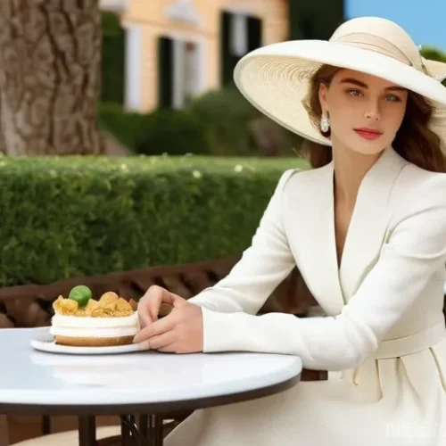 샤넬 리본 햇과 디올 새들 버킷햇 비교 - **Elegant French Riviera Style with Ribbon Hat:**
    "A young woman, appearing to be in her early 2...